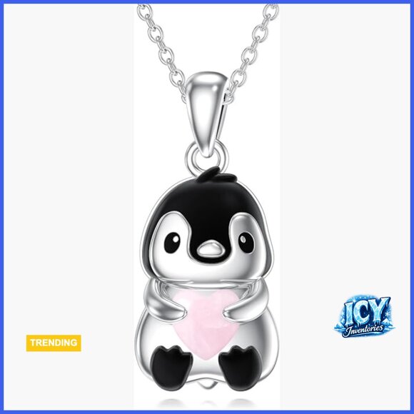 925 Sterling Silver Penguin Pendant Necklace with Natural Rose Quartz
